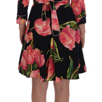 Black Pink Tulip Print Stretch Shift Dress