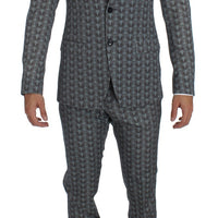 Blue Wool Owl Print Slim Fit 3 Piece Suit