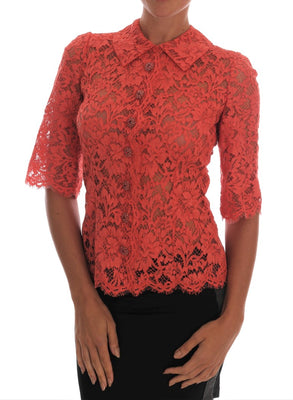 Orange Crystal Buttons Floral Lace Blouse