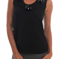 Black Cotton Floral Crystal Tank Top