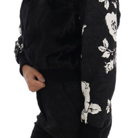 Black Fur Floral Brocade Zipper Sweater