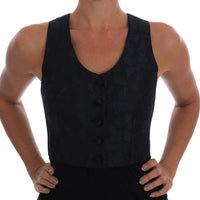 Black Silk Blue Baroque Brocade Vest