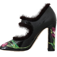 Black Leather Purple Tulip Mink Fur Pumps