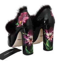 Black Leather Purple Tulip Mink Fur Pumps