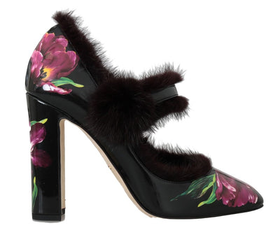 Black Leather Purple Tulip Mink Fur Pumps