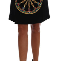 Black Embellished Wheel Wool Crepe Mini Skirt