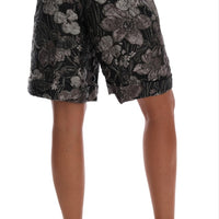 Gray Floral Brocade High Waist Shorts