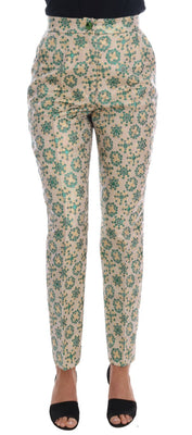 Green Beige Floral Brocade Pants