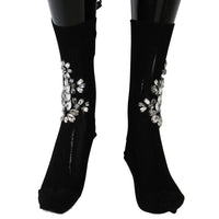 Black Knitted Floral Clear Crystal Socks