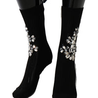 Black Knitted Floral Clear Crystal Socks