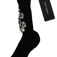 Black Knitted Floral Clear Crystal Socks