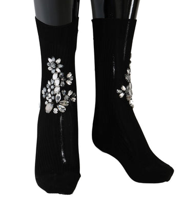 Black Knitted Floral Clear Crystal Socks