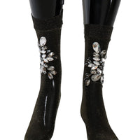 Black Stretch Floral Clear Crystal Socks