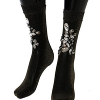 Black Stretch Floral Clear Crystal Socks