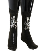 Black Stretch Floral Clear Crystal Socks