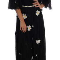 Black Silk Daisy Embroidered Dress