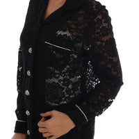 Black Crystal Button Floral Lace Shirt