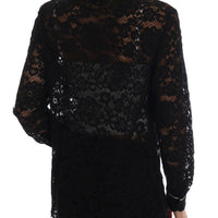 Black Crystal Button Floral Lace Shirt