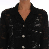 Black Crystal Button Floral Lace Shirt