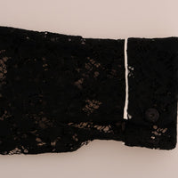 Black Crystal Button Floral Lace Shirt