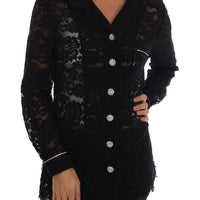 Black Crystal Button Floral Lace Shirt