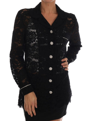 Black Crystal Button Floral Lace Shirt