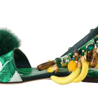 Multicolor Banana Leafs Crystal Fur Sandals
