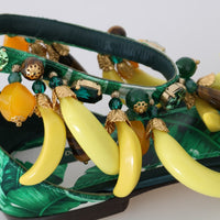 Multicolor Banana Leafs Crystal Fur Sandals