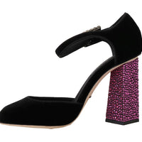 Black Velvet Pink Crystal Mary Janes Shoes
