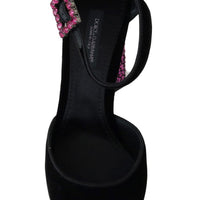 Black Velvet Pink Crystal Mary Janes Shoes