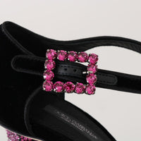 Black Velvet Pink Crystal Mary Janes Shoes