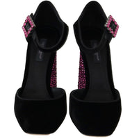 Black Velvet Pink Crystal Mary Janes Shoes