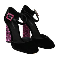 Black Velvet Pink Crystal Mary Janes Shoes