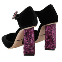 Black Velvet Pink Crystal Mary Janes Shoes