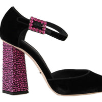 Black Velvet Pink Crystal Mary Janes Shoes