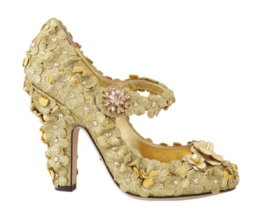 Gold Floral Crystal Mary Janes Pumps