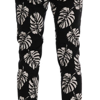 White Black Leaf Cotton Stretch Slim Pants