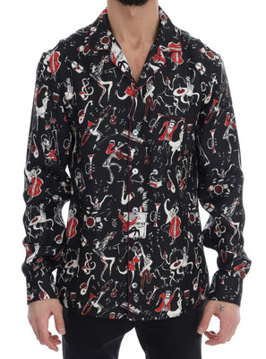 Black Silk JAZZ Motive Print Casual Shirt