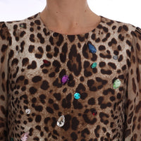 Brown Leopard Crystal Embellished Shift Dress