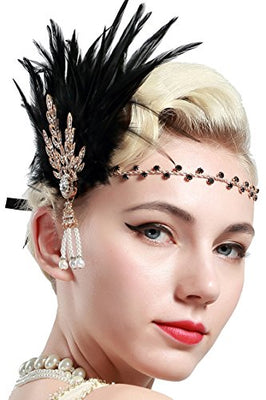 Art Deco Leaf Vine and Pearl Headband with Feather - Hull Hill