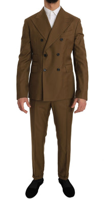 Brown Wool Double Breasted Slim Fit Suit