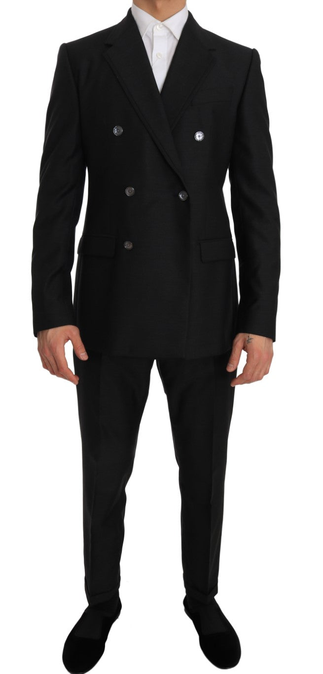 Gray Wool Silk Double Breasted Slim Fit Suit