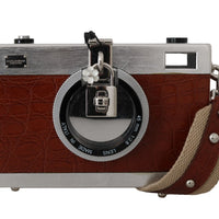 Camera Case Brown Caiman Crocodile Silver Wood Purse