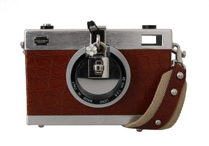 Camera Case Brown Caiman Crocodile Silver Wood Purse