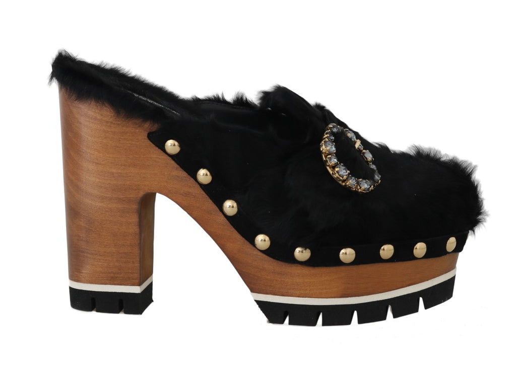 Black Xiangao Fur Crystal Mules