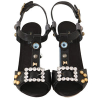 Black Leather Crystal Sandals Tassel