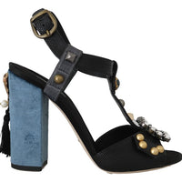 Black Leather Crystal Sandals Tassel