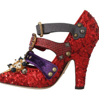 Red Sequined Crystal Studs Heels Shoes