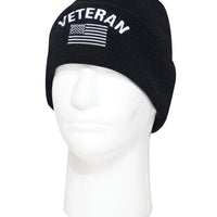 Veteran With US Flag Fine Knit Watch Cap - Black