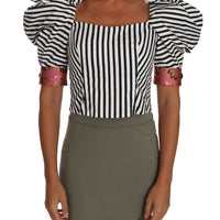 White Black Striped Cropped Top Puff Sleeve Shirts